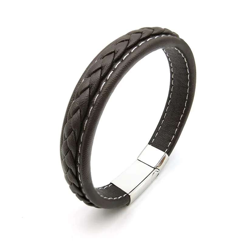 European and American Jewelry Popular Style Men's Leather Bracelet Stainless Steel Leather Braided Bracelet Snap Button Jewelry