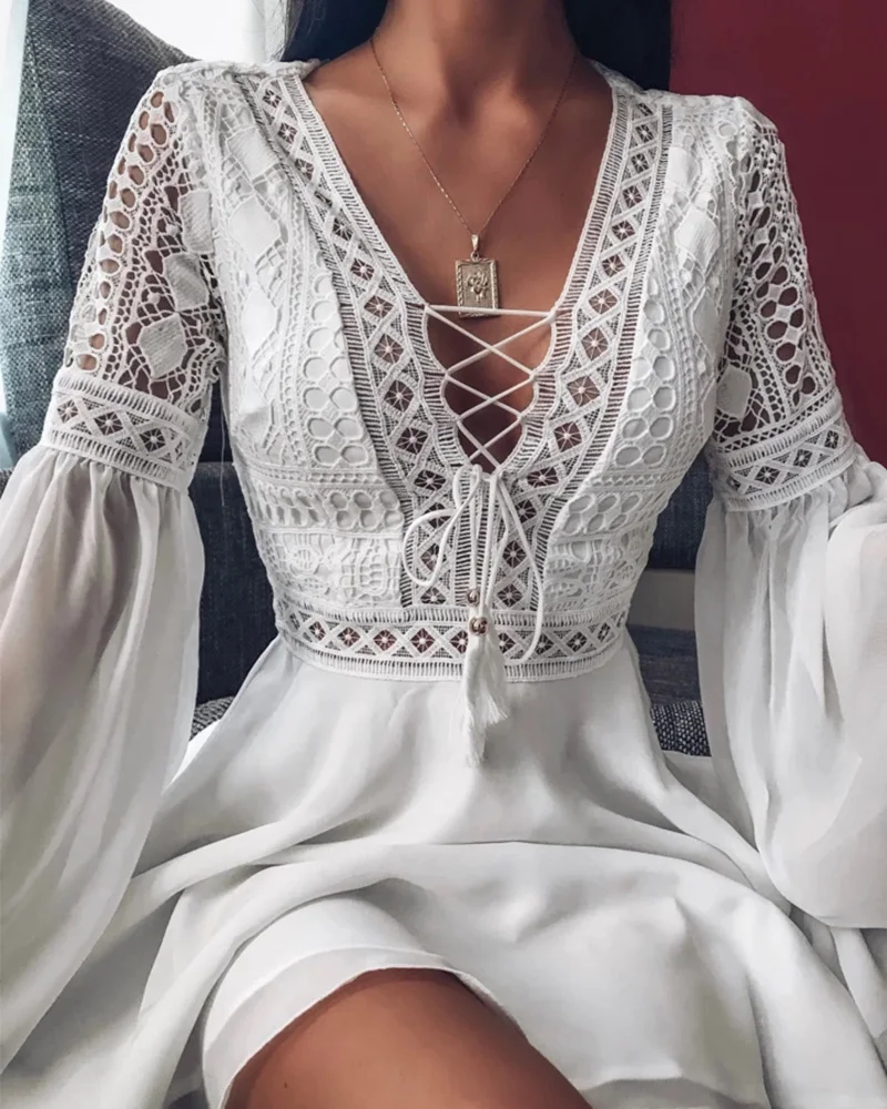 Sex Midi Night Club Dress Lace V-Neck Mini Dress 2020 Summer Flare Sleeve  Chiffon Elegant Women Hollow Out Party Dresses - AliExpress 200000345