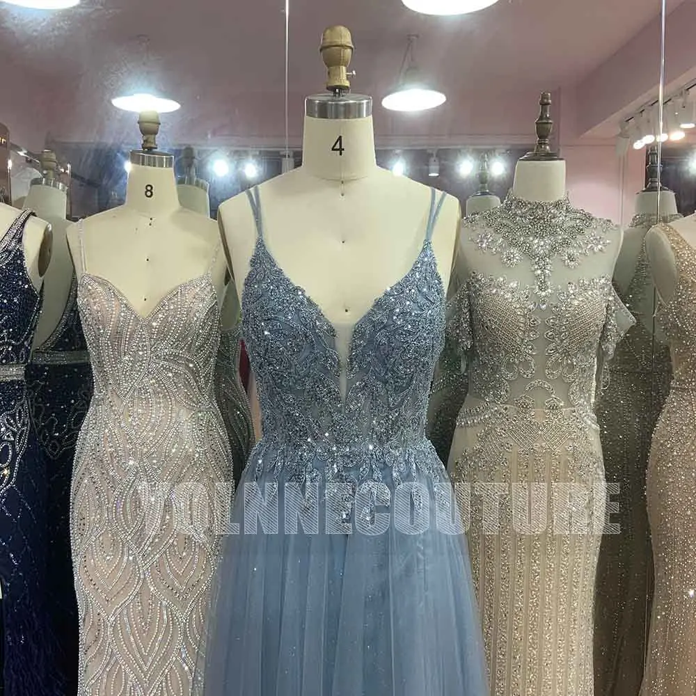 2023 Sparkly Dusty Blue Long Prom Dresses Gala Straps Sequined Beaded Mulheres Vestido de noite Party Night Backless Em estoque