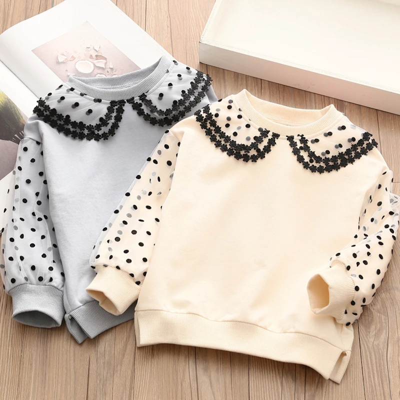 Spring Autumn Fashion 2 3 4 5 6 8 9 10 11 12 Years Children Outwear Cotton Dot Lace Sleeve Patchwork Kids Baby Girls Sweatshirt