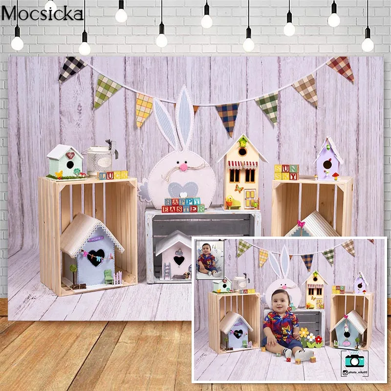 Fondos de fotografía de huevos de Pascua de primavera, decoración de juguete de conejo de flores, utilería para Cumpleaños de Niños, estudio de fotomatón