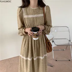 2021 New Spring Autumn Women Cute Sweet Casual Loose Floral Printed Patchwork White Lace Retro Vintage Long Maxi Dress O2562