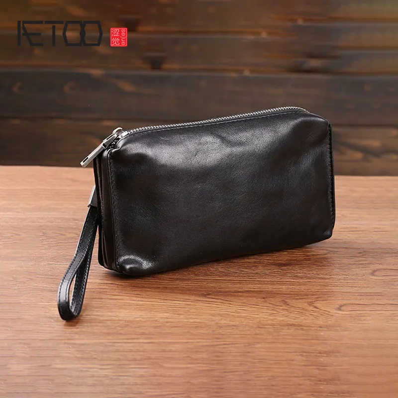 AETOO Handbag men\'s leather soft leather retro casual long wallet men\'s head cowhide mobile phone bag