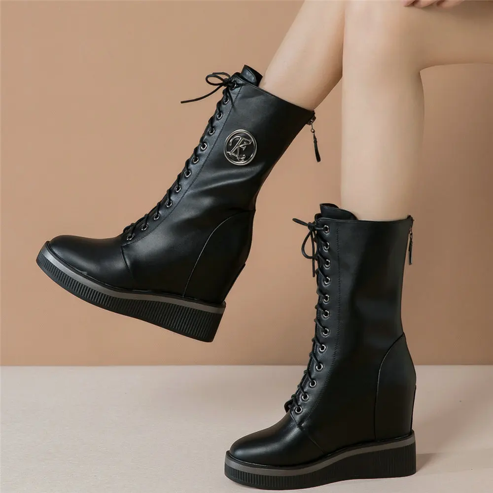 

Fashion Sneakers Women Lace Up Cow Leather High Heel Platform Pumps Shoes Female Round Toe Wedges Motorcycle Boots Casual Shoes