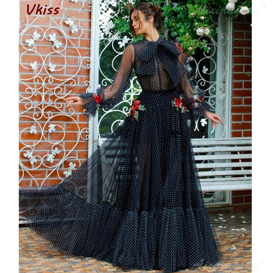 

Black Illusion Prom Dresses 2020 Women Elegant Party Night Long Sleeves Vestidos Gala Sexy Prom Robes Cheap Tulle Evening Dress