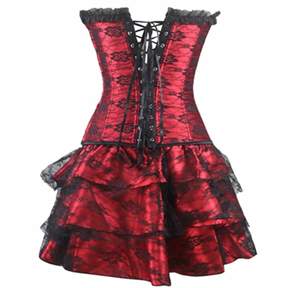 Women's Gothic Lace Trim Corset Dress Sexy Floral Bustiers And Corsets With Mini Tutu Skirt Black Purple Red Green