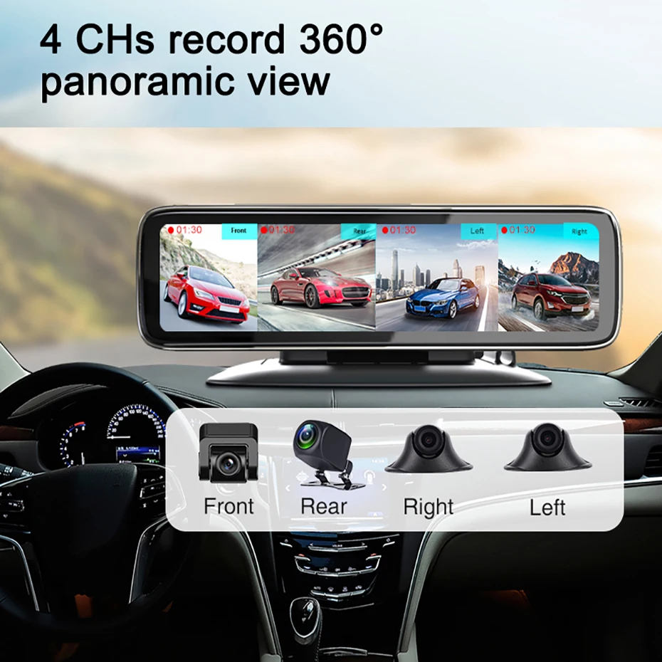 12 Inch Rearview Mirror 4 Channel Video Recorder 4 Split Display Dash Cam Cameras 360° Panoramic Dashboard Car DVR FULL HD 1080P