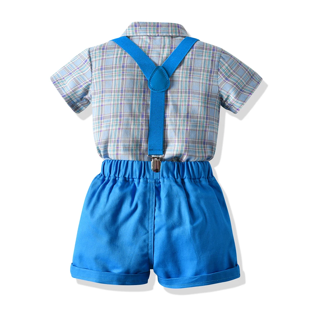 Top and Top Kids Clothing Set Boys Cotton Plaid Tops +Suspender Short Pant Clothes Suit Children Party Wear Costumes Bebes