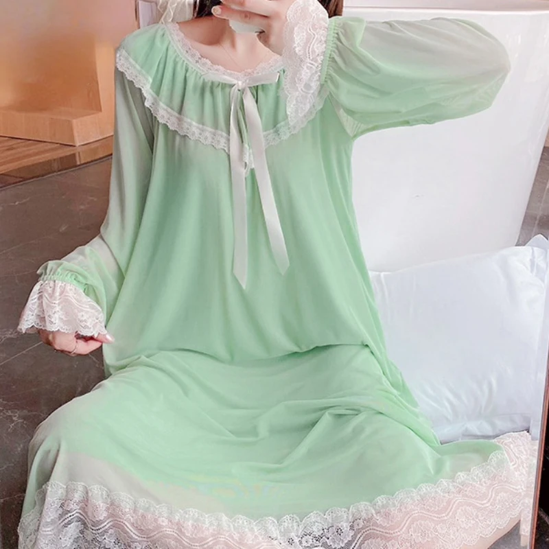 Fairy Night Dress Women Long Sleeve Lace Peignoir Kawaii Girl Romantic Vintage Nightgown Victorian Nightdress Princess Sleepwear