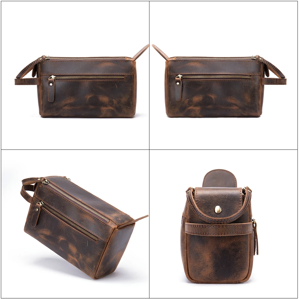 MVA Crazy Horse Leather Men Comestic Bag Vintage Mens Leather Wash Bags Travel Makeup Bag Pouch Double Zipper Man Toiletry Case