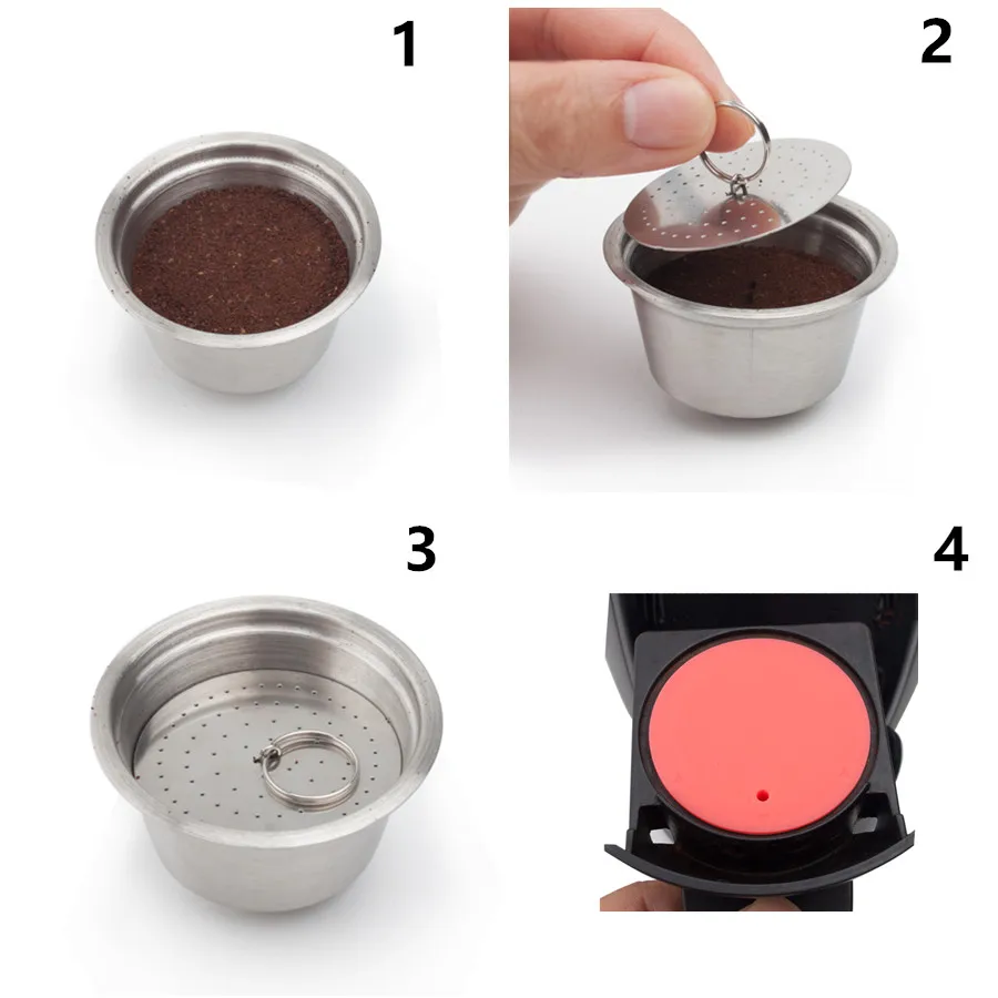 Reusable Refillable Capsule fit for Nescafe Dolce Gusto Coffee Capsule with Lid Stainless Metal Filters Cup Tamper Spoon