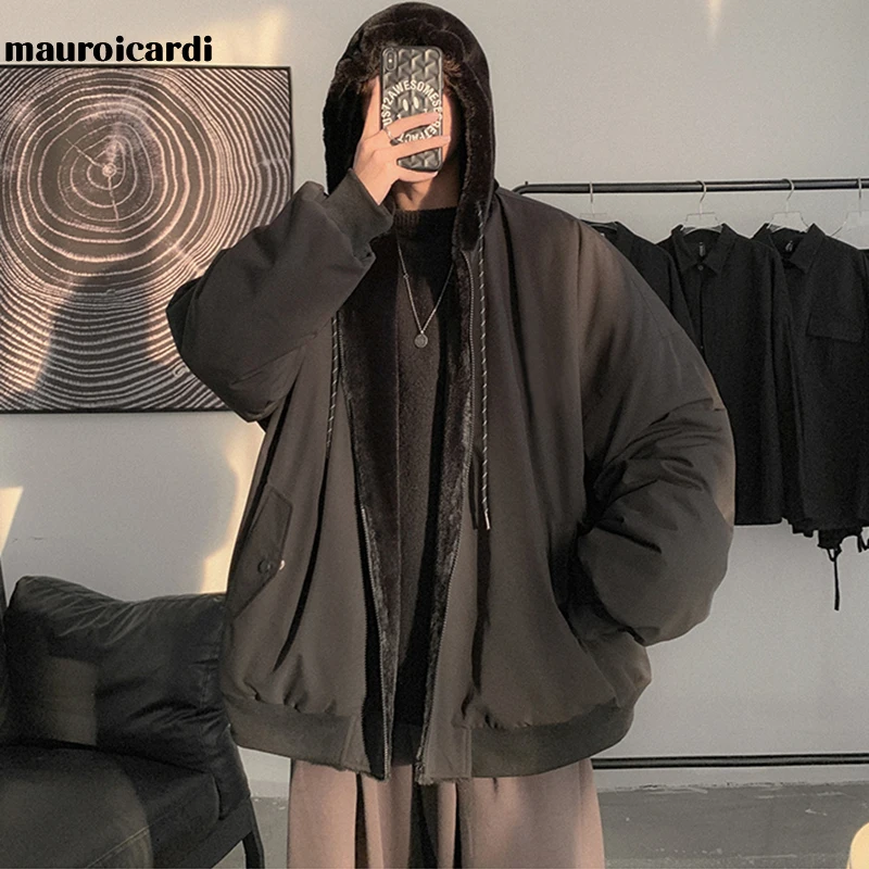 Mauroicardi Winter Oversized Black Warm Thick Parka with Fur Inside Hood Long Sleeve Korean Fashion Men 2021 Reversible Fur Coat