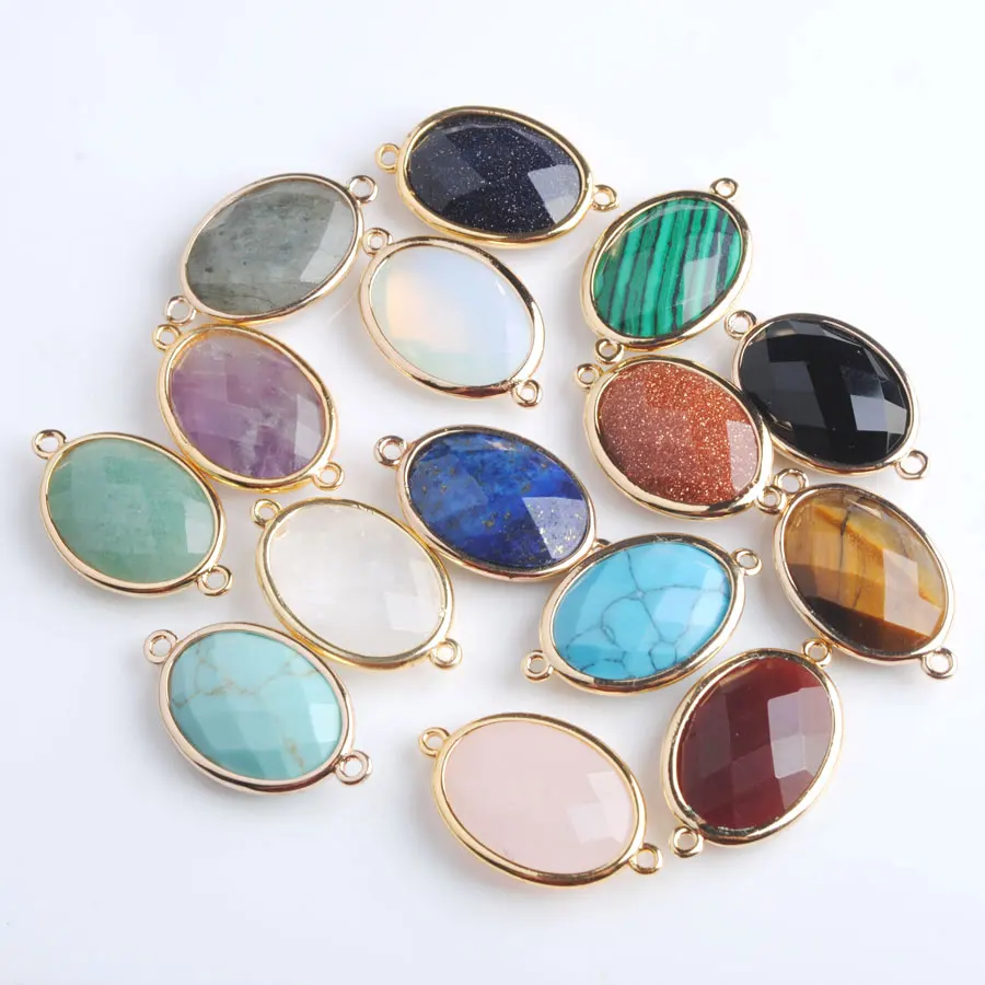 

WOJIAER 10pcs Shiny Oval Faceted Natural Stone Beads Two Hole Connector for Female Homme Jewelry Making BZ903