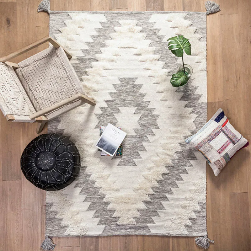 

Morocco Nordic Style Wool Hand Woven Carpet Living Room Thick Geometric Moroccan Bedroom Carpet Vintage Home Decorative Area Rug