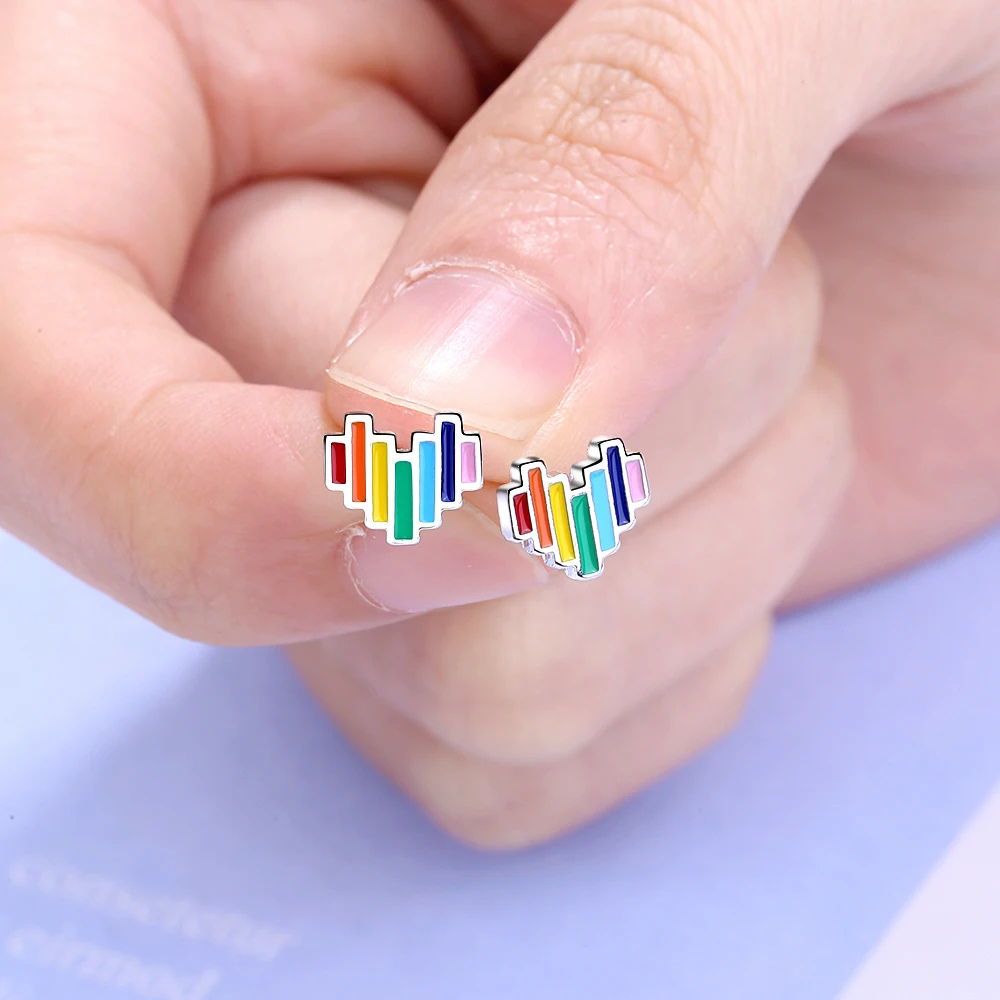 LEKANI Enamel Rainbow Heart Stud Earrings for Girls Lady Women Minimalist Silver Prevent Allergy Jewelry Brinco New SCE787