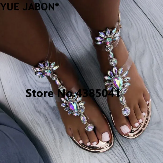 New Summer Sandals Women Black Sole Diamond Flat Sandals Rhinestones Crystal Shoes Women Slippers Flip Flops Sandalia Feminina