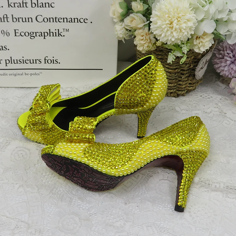 BaoYaFang Lemon Yellow Crystal Pearl women wedding shoes woman High heel pumps women Bowtie Red sole fashion shoe Royal Blue