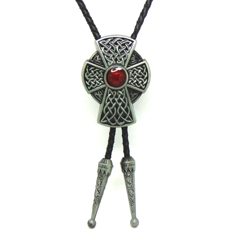 5pcs-lot-wholesale-vintage-western-cowboy-bolo-tie-for-men-black-leather-with-metal-celticcross-knot-keltic-red-stone-decoration