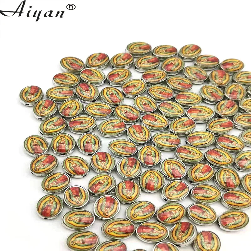 100 Pcs Religious Oval Two-Sided Drop Oil Alloy Beads Jesus Mary Fatima Lourdes Guadalupe  Saint Multiple Straight Hole DIY Part