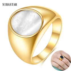 Vintage Trendy Marble Shell Simple Geometric Ring For Women Girls Stainless Steel Fine Signet Rings Geometric Square Metal Ring