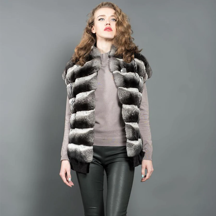 Chinchilla Colored Fur Jacket Women Real Rex Rabbit Fur Vest Coat Autumn Winter Warm Fashion Gilet