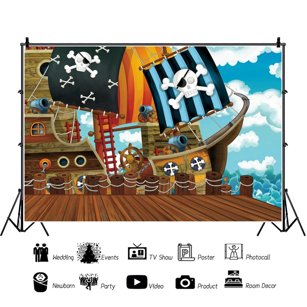 Laeacco Baby Cartoon Ship Coat Pirate Boat Flags Birthday Party Child Photophone Poster Photo Background Photography Backdrops