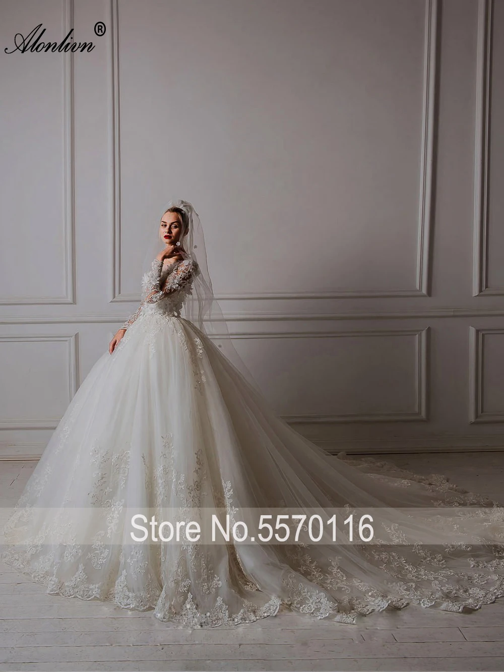 Alonlivn Estido De Novia Arabic Luxury V-Neck Tulle Applique Long Sleeve Wedding Dress Elegant O-neck Wedding Bridal Gowns