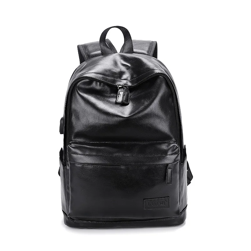 Men Leather Backpack USB Charging Anti-theft Large Boy Schoolbag Travel Bag School Backpack Black Bagpack