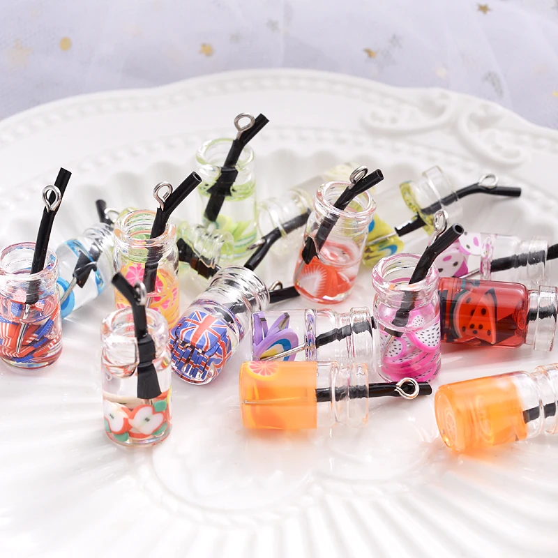 10Pcs Charms Fruit Orange Watermelon Lemon Juice Pendant Mini Glass Resin Bottle Pendants For Earrings Necklace Jewelry Making