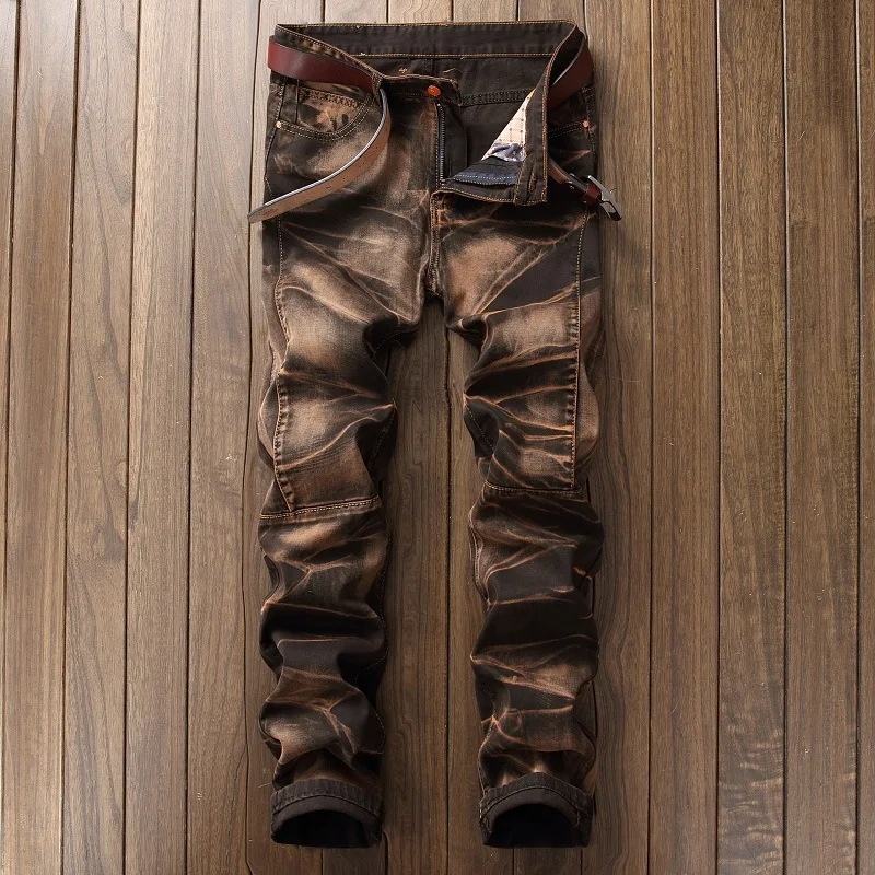 Men\'s Tie and Dye Denim Jeans Vintage Plus size Straight Pants Trousers
