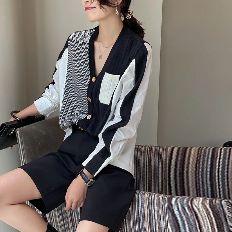 Korean Chic Spring Summer Retro Blouse Tops Casual Single-Breasted Cardigan V Neck knitting Patchwork Shirt Elegant Shirt