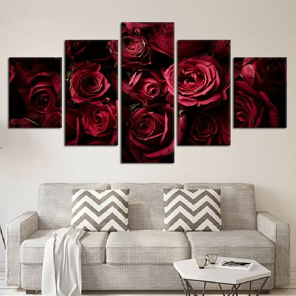 

No Framed Canvas 5Pcs Red Roses Flower Wall Art Posters For Living Room Modular Prints Pictures Paintings Home Decor Decorations