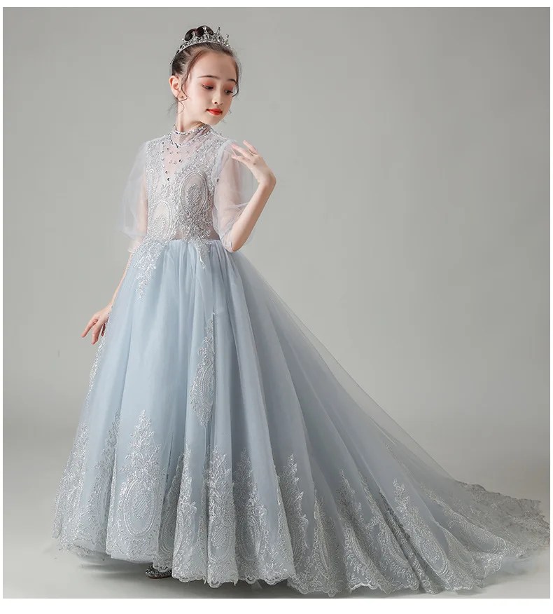 Elegant Kids Girls Embroidery Tutu Princess Dress For Wedding Party Evening Gown Gray Tulle Pageant First Communion Vestidos