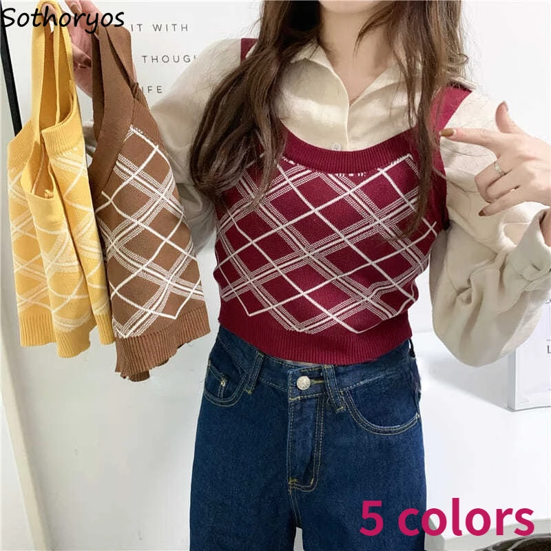 Plaid Sweater Vest Women Sleeveless Sweaters O-neck Design Spliced Cropped All-match Korean Style New Arrival Streetwear Mujer