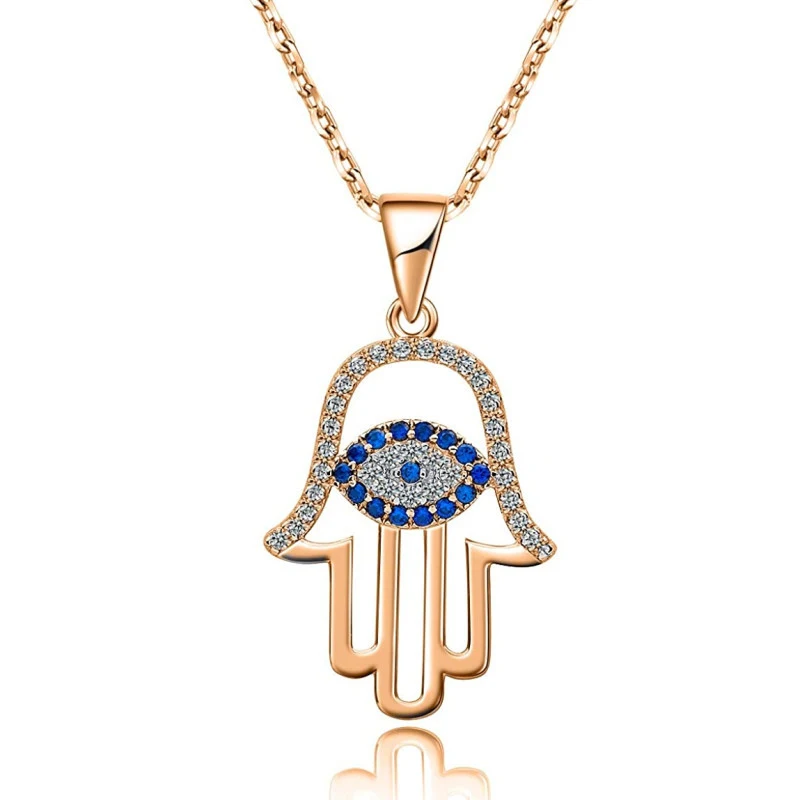 Evil Eye Hamsa Hand Necklace 14k Gold / Rose Gold Plated /Sterling Silver Third Eye White Blue Cz Womens Pendant Dainty Necklace