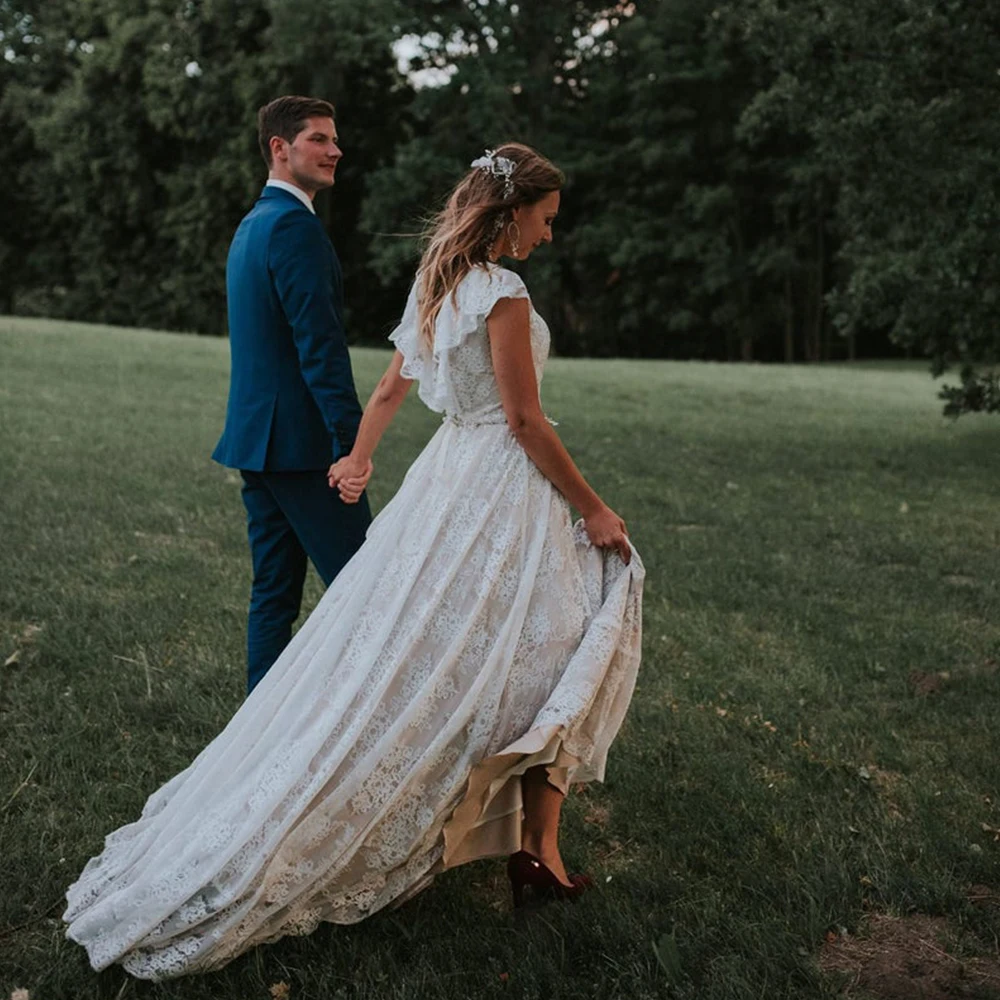 Robe de mariée blanche style Boho, manches courtes, dos nu, grande taille, sur mesure