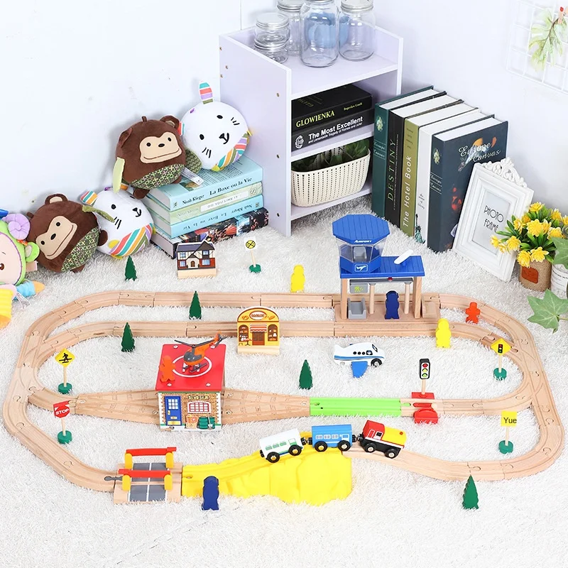 Children Assemble Rail Car Toy Airport Transport Train Wooden Track Set Compatible With Wooden Tracks And Electric Trains PD17