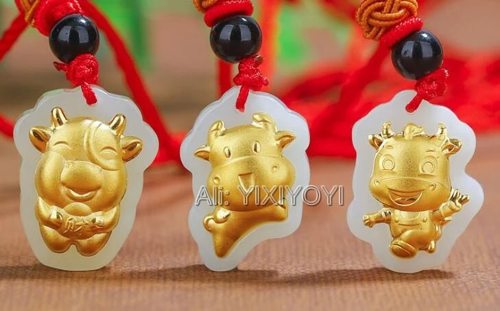 Natural White Hetian Jade + Chinese Solid Gold Inlaid Carved Cute Blessing Zodiac Ox Amulet Pendant Necklace Charm Gift Jewelry