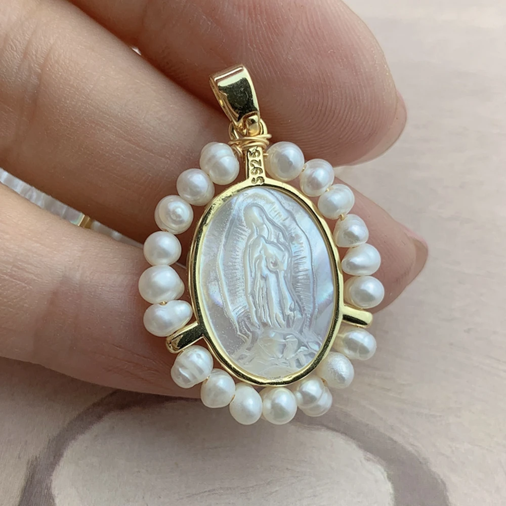 

Fashion Oval Medal Holy Guadalupe Pendants Charms For DIY Jewelry Making Religious Necklace Freshwater Pearl MOP Shell