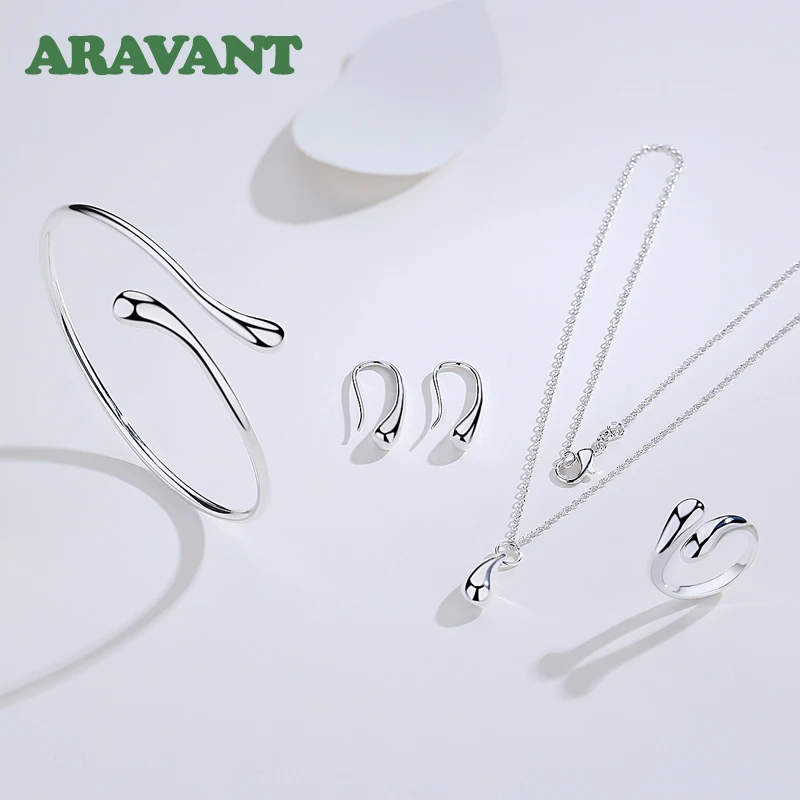 

925 Sterling Silver Earring Bangle Ring Necklace Sets For Women Wedding Jewelry