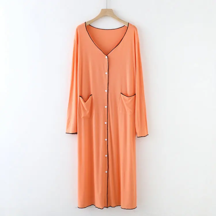 Casual Loose V Neck Sleepwear Female Night Dress Modal Cardigan Nightwear Long Sleeve Spring Autumn Women Nightgowns Pocket