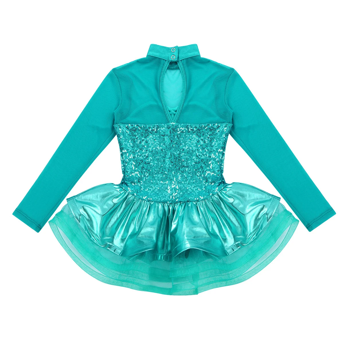 Kids Sequins Long Sleeves Tulle Splice Gymnastics Leotard Girls Ballet Tutu Dress Figure Skating Stage Performance Dance Costume