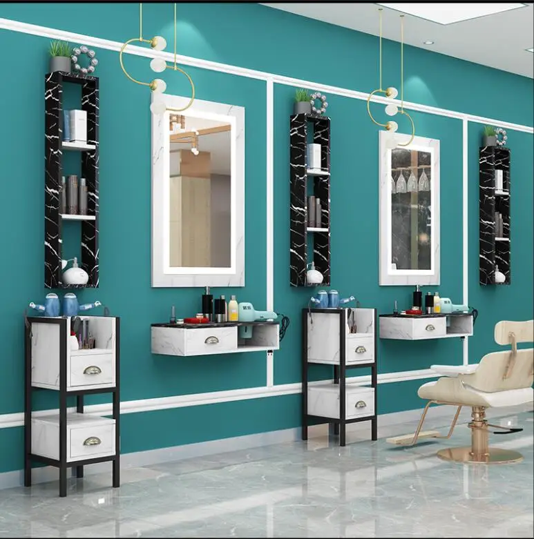 Hairdressing mirror wall-mounted solid wood cabinet one trendy style hair salon mirror LED lamp marble hot dyed mirror