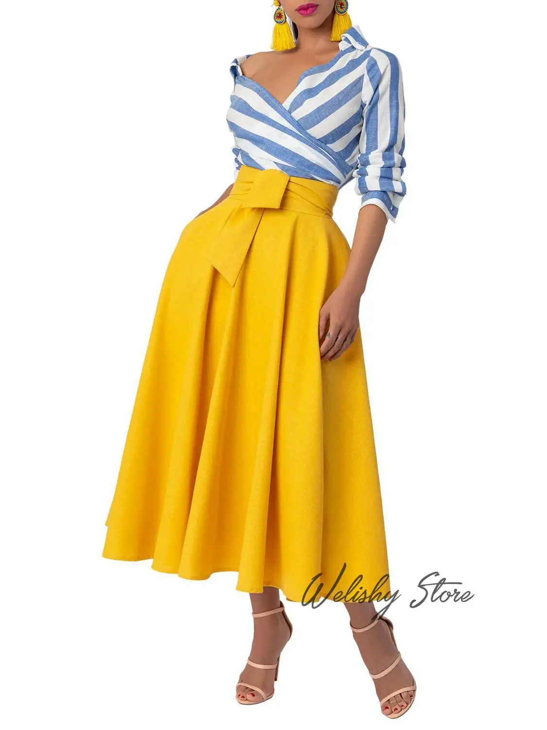 Imagem -02 - Moda Elegante Amarelo a Linha de Cetim Saias para Mulher Feito sob Encomenda Feminino Formal Tornozelo Comprimento Saia Longa Faldas Largas Muje