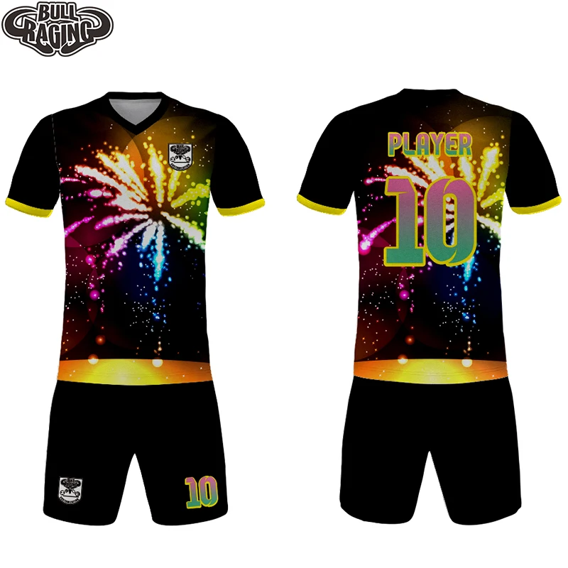 

fireworks design black soccer jersey personlized made custom sublimmation soccer football uniforms