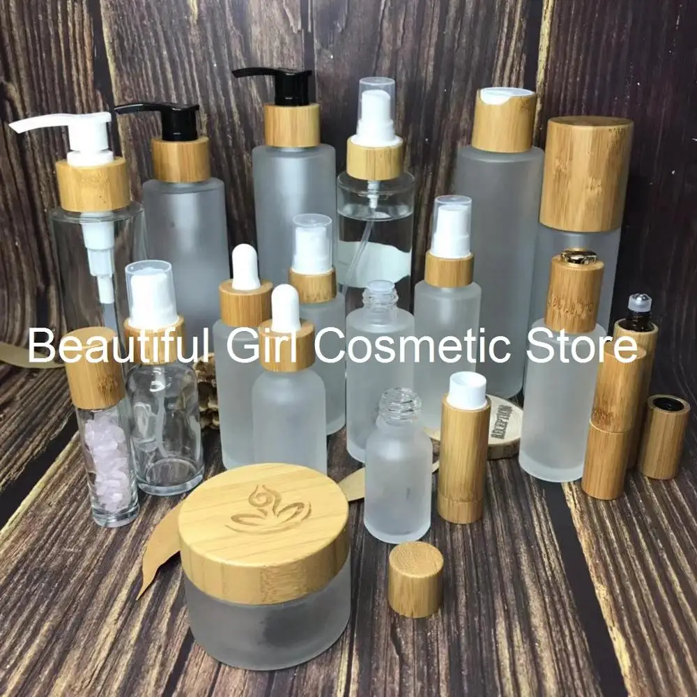 

engraving 30ml bamboo cosmetic packaging frosted glass bottle with dropper/spray/pump,bamboo empty refill bottles with free logo