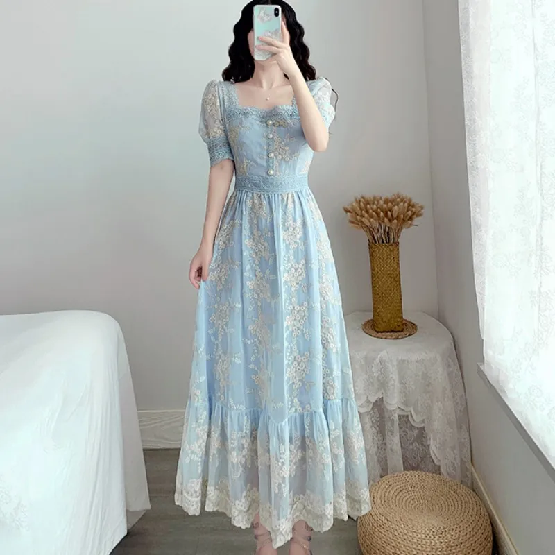 

2021 Summer Sweet Lace Embroidery Party Dresses Elegant Square Collar Puff Sleeve Casual Button A Line Ruffles Boho Long Dress