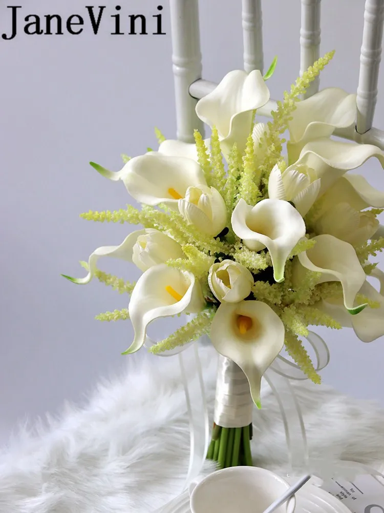 JaneVini Branco Marfim Damas de Honra Bouquets Artificial Coréia do Lírio de Calla de Casamento Flores De Seda Mão Buquê de Noiva Da Dama de honra 2019