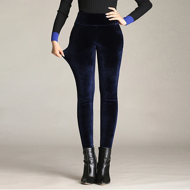 OUMENGKA 2023 Winter Double Thicken Velvet Skinny Women's Pants High Elastic Waist Stretch Slim Trousers Female Pencil Pants