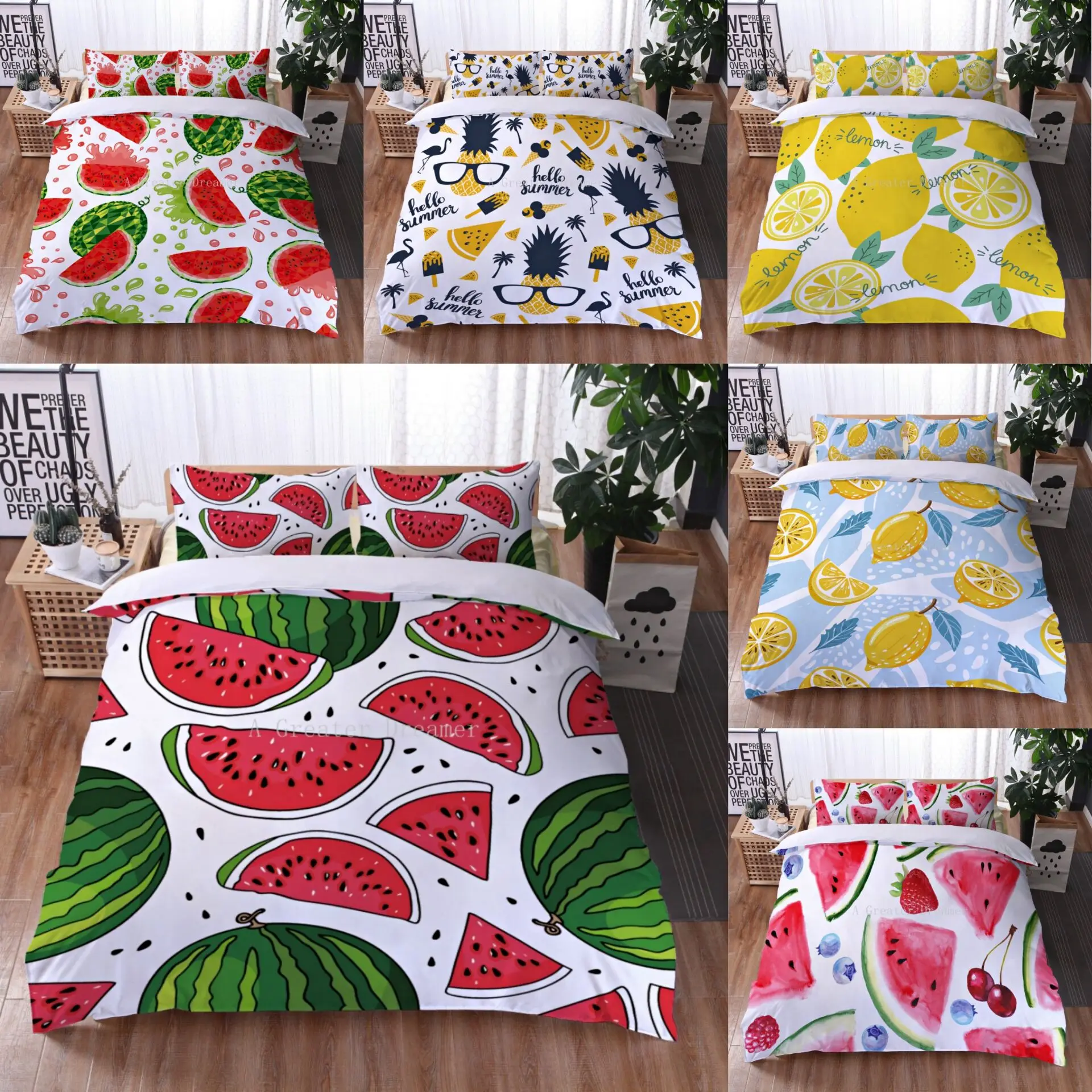 3D Children Cartoon Watermelon Pineapple Print Cute Duvet Cover Bedclothes Comfortable Fruit Bed Full King Single Size Set